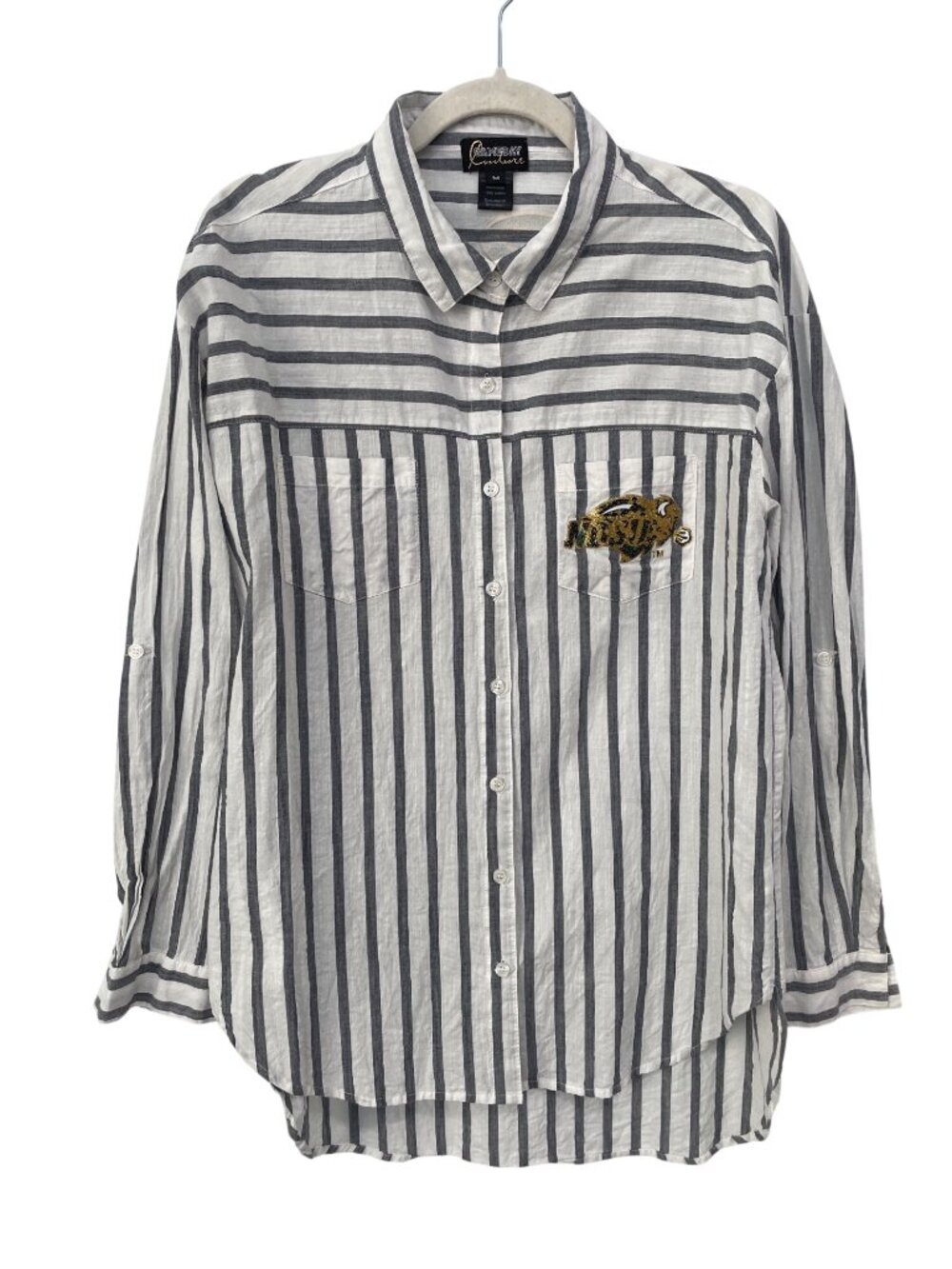 Gameday Couture Shirt Medium Striped Button Front NDSU Bison Logo Sequin Cotton
